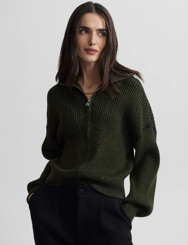 Knitted HoodedCarmen Zip-Through Rib Knit - Dark Olive