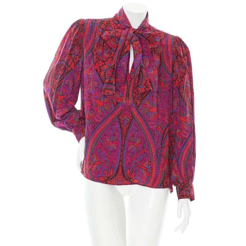 1970s Rive Gauche Red and Purple Silk Paisley Tie-Neck BlouseDress Shirts