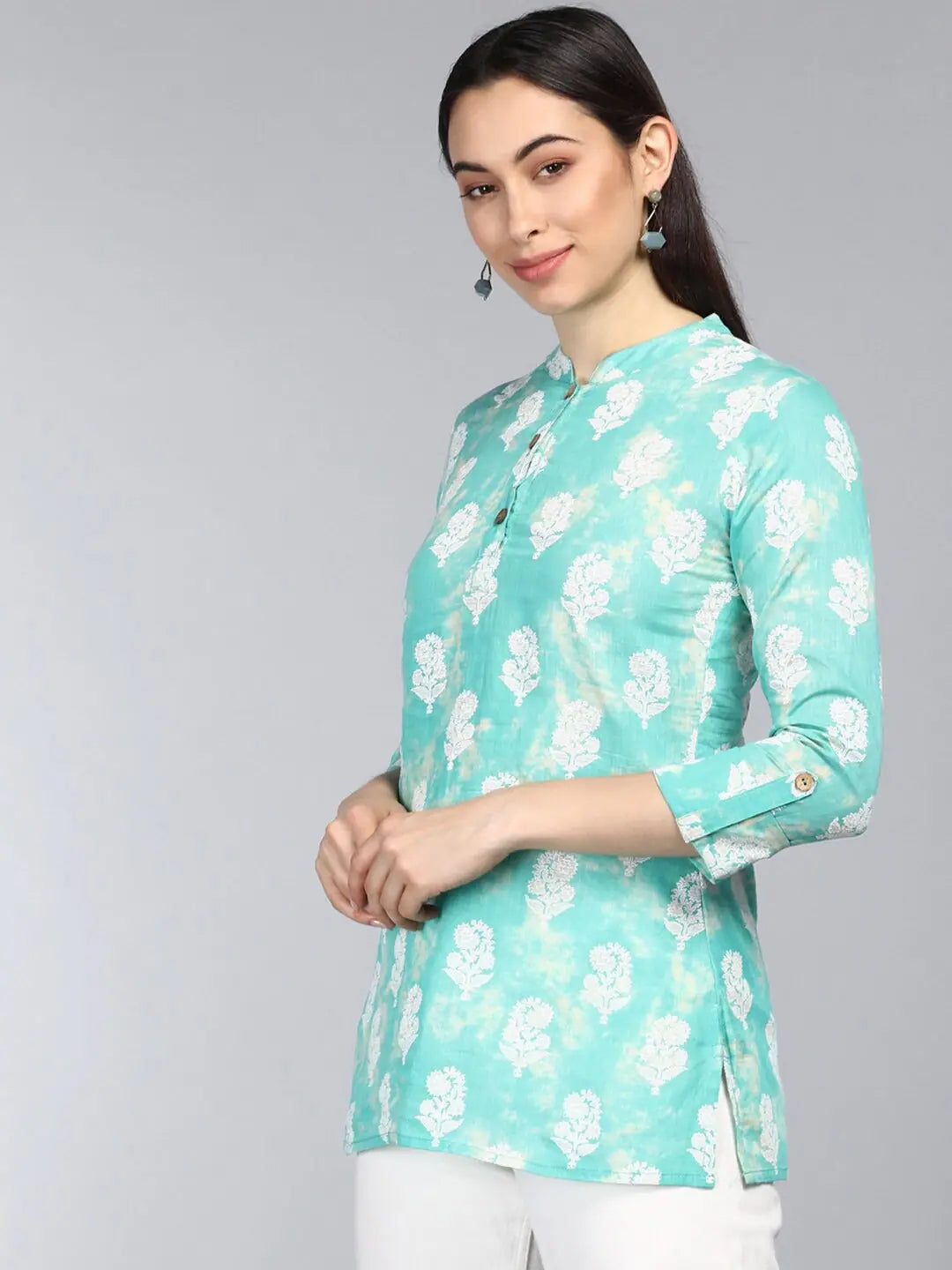 Ahika Sea Green Floral Print Mandarin Collar Shirt Style TopBand Merch Shirts