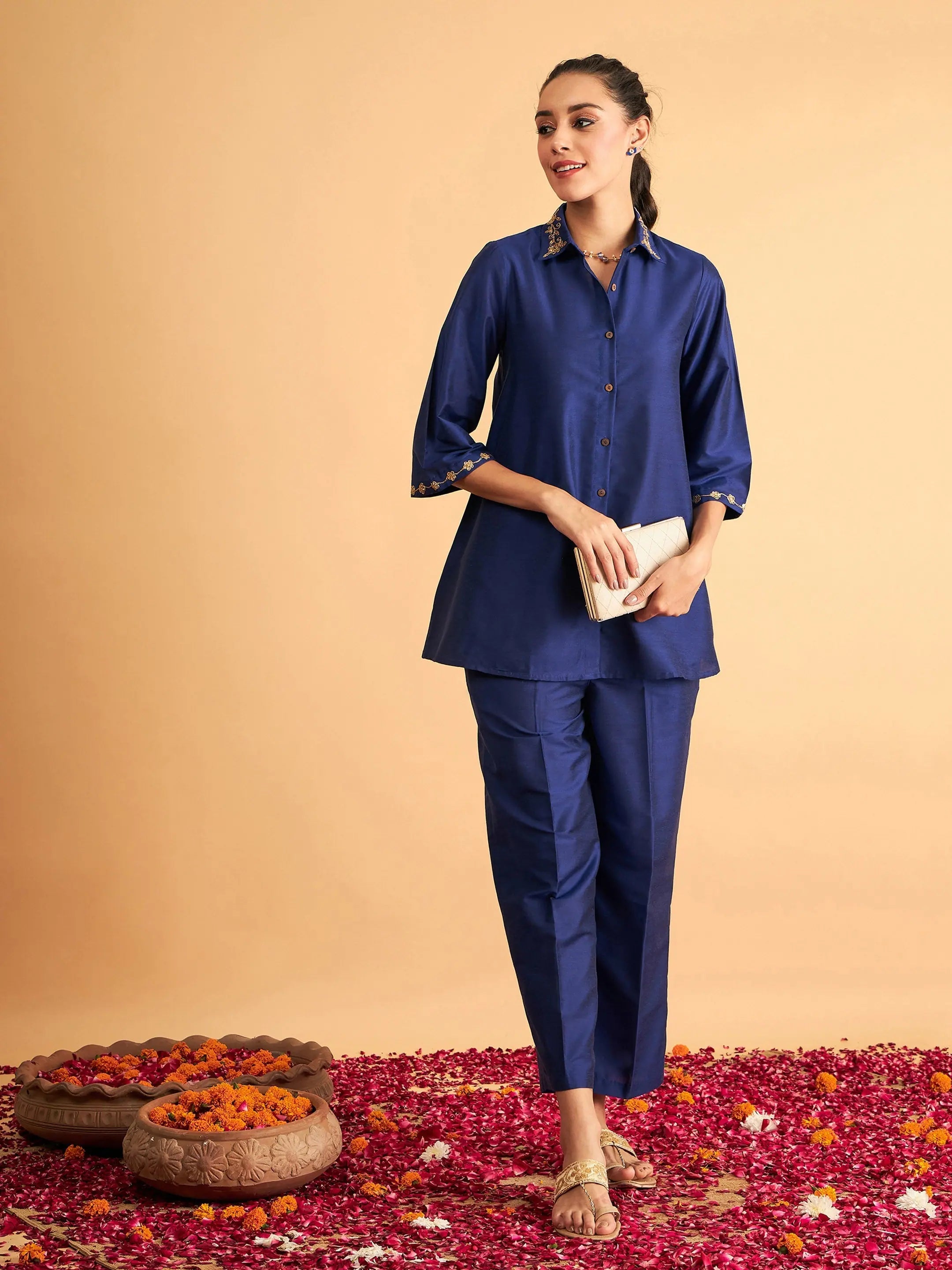 Women Royal Blue Embroidered Collar Shirt With PantsHiking Shirts