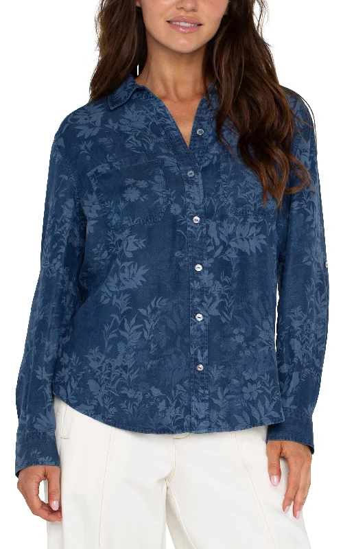 Rolled Sleeve Woven Shirt in Indigo FloralEmbellished Shirts