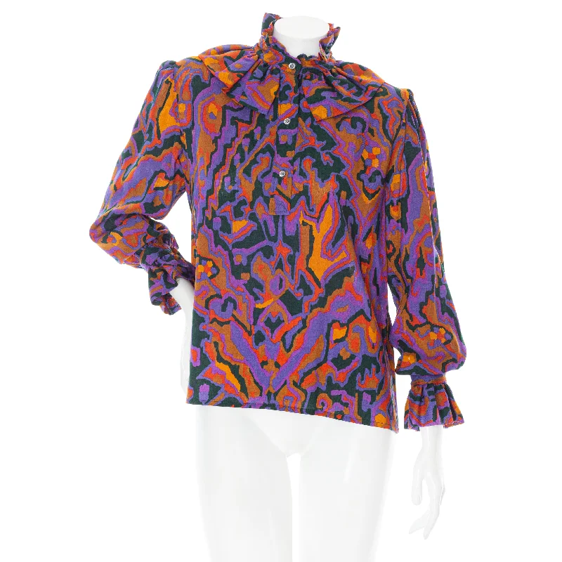 1970s Rive Gauche Purple Cotton Abstract Print Ruffled Collar BlouseButton-Down Shirts