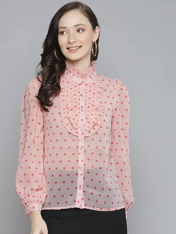 Women Pink With Fuchsia Polka Dot Pleated Collar ShirtPocket Shirts