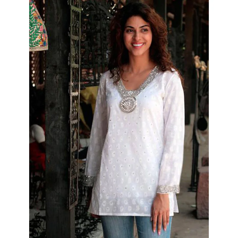 Dazzling White Cotton Beaded BlouseButton-Up Shirts