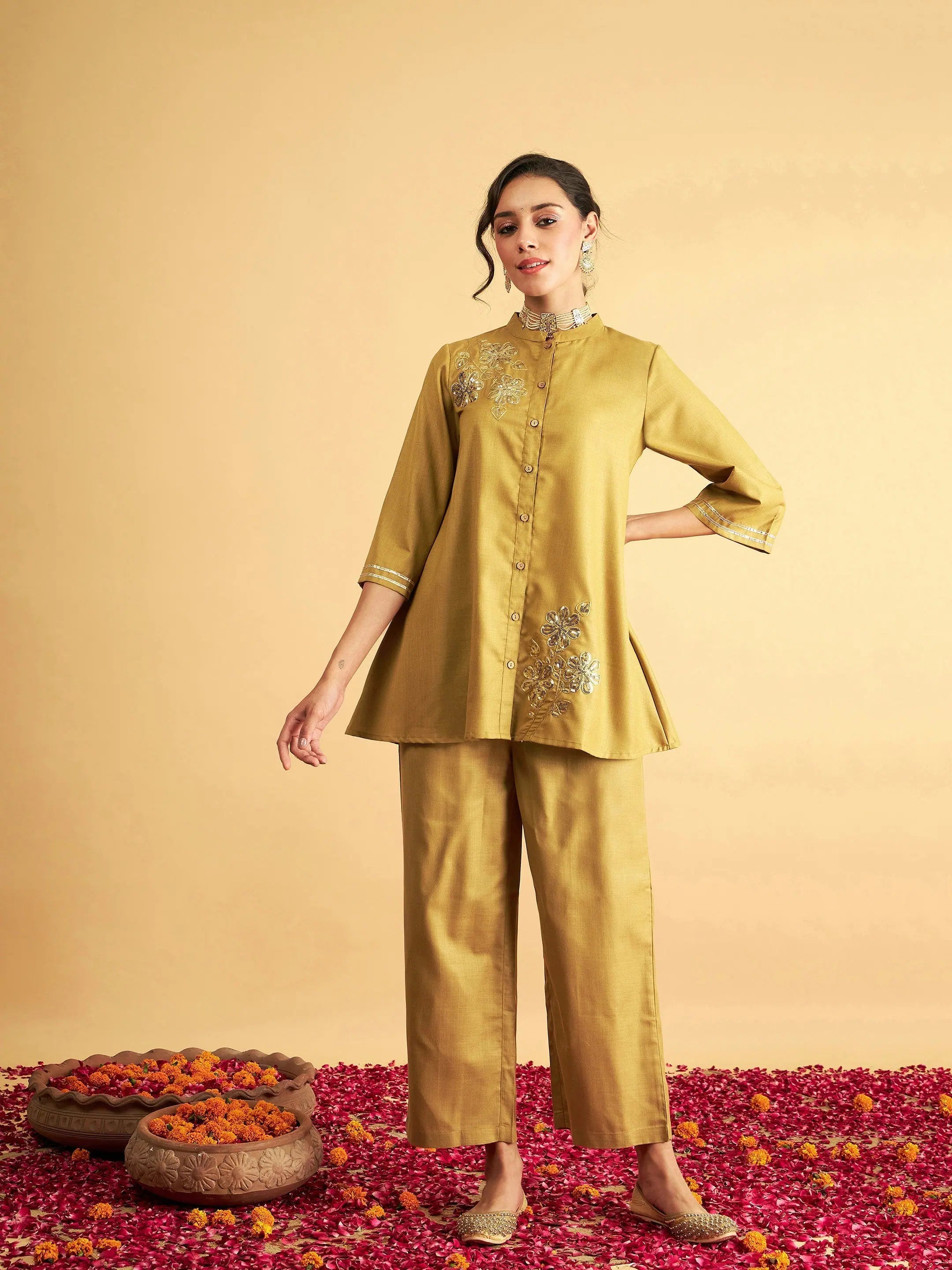 Women Yellow Embroidered Collar Shirt With PantsSleep Shirts