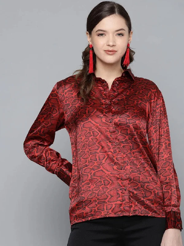 Red Animal Print Satin ShirtCultural Shirts