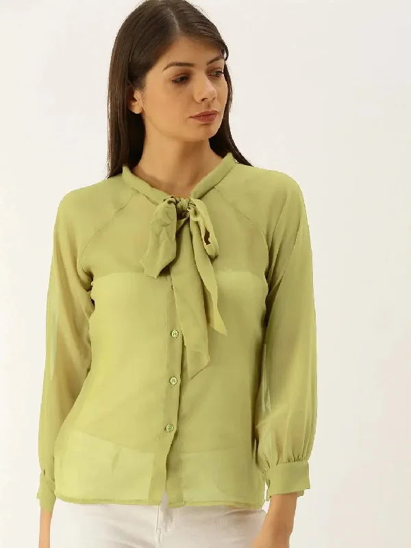 Tie up collar shirt blouse in Olive GreenTasseled Shirts