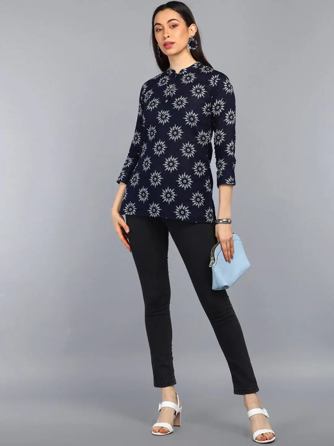 Ahika Navy Blue Floral Print Mandarin Collar Shirt Style TopSports Team Shirts