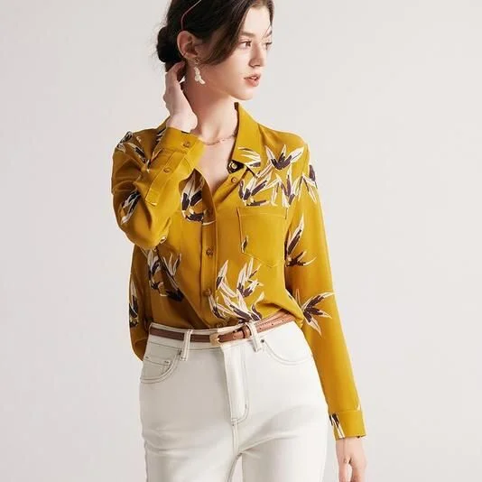 Luxury Mulberry Silk Printed Blouse with PocketsLounge Shirts