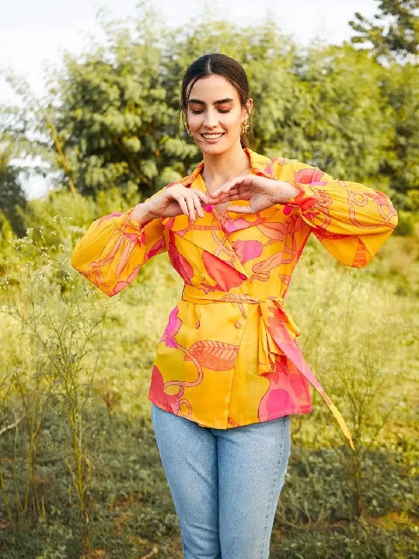 Double breasted Sheer blouse in Yellow PrintWrap Shirts