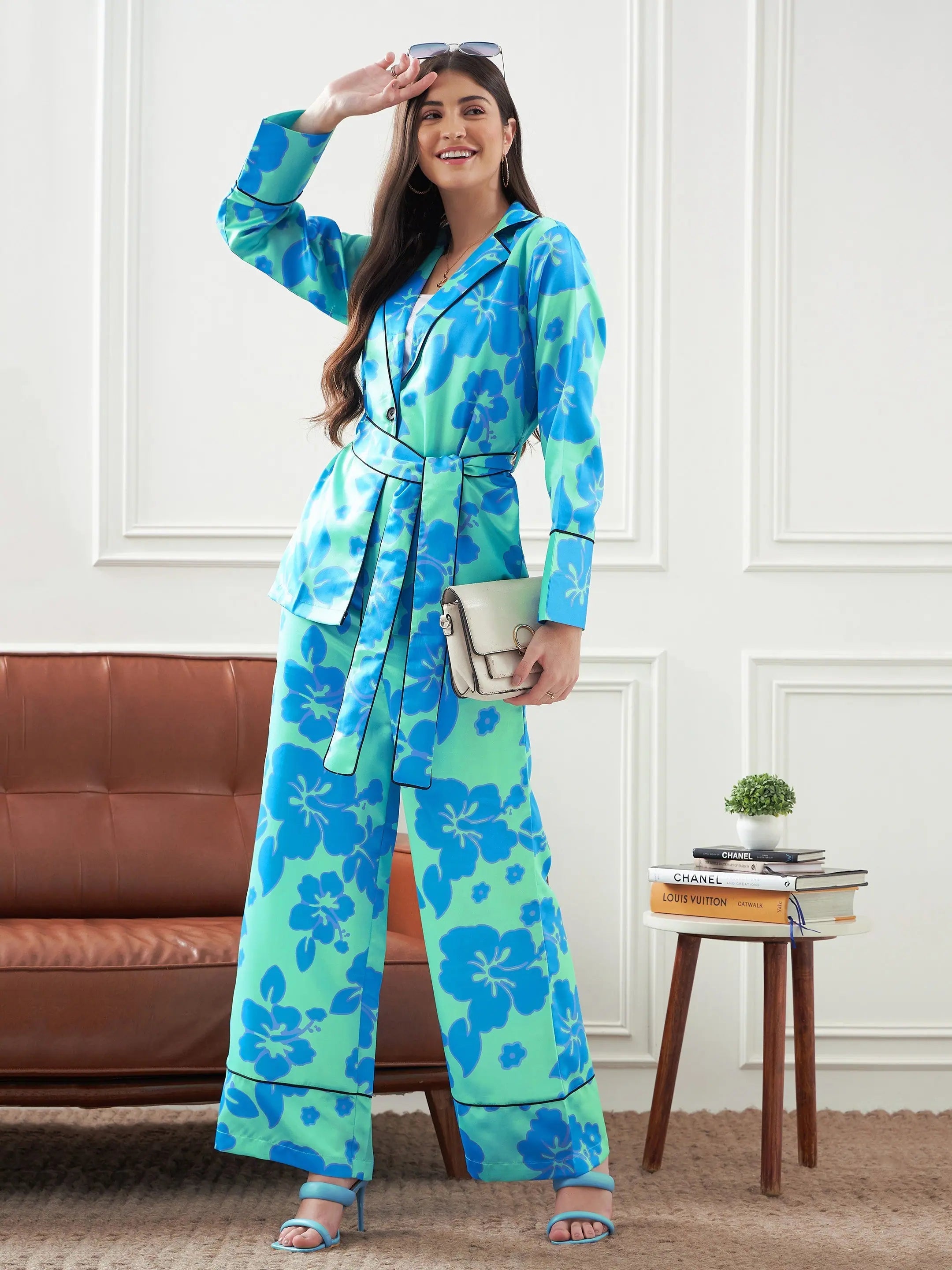 Women Blue & Green Satin Belted Shirt With Lounge PantsFishing Shirts