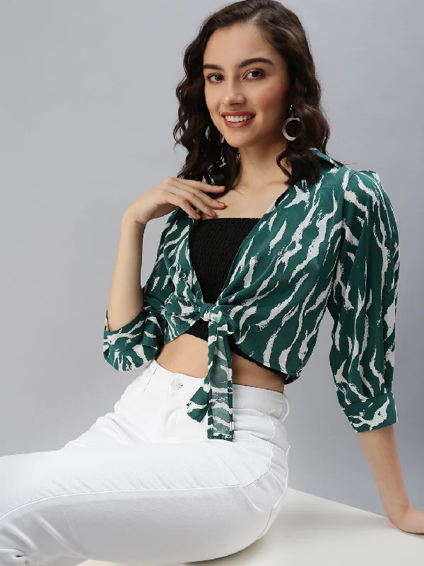 Women Shirt Collar Printed Green Fitted Top-SP-5811-GreenDesigner Shirts