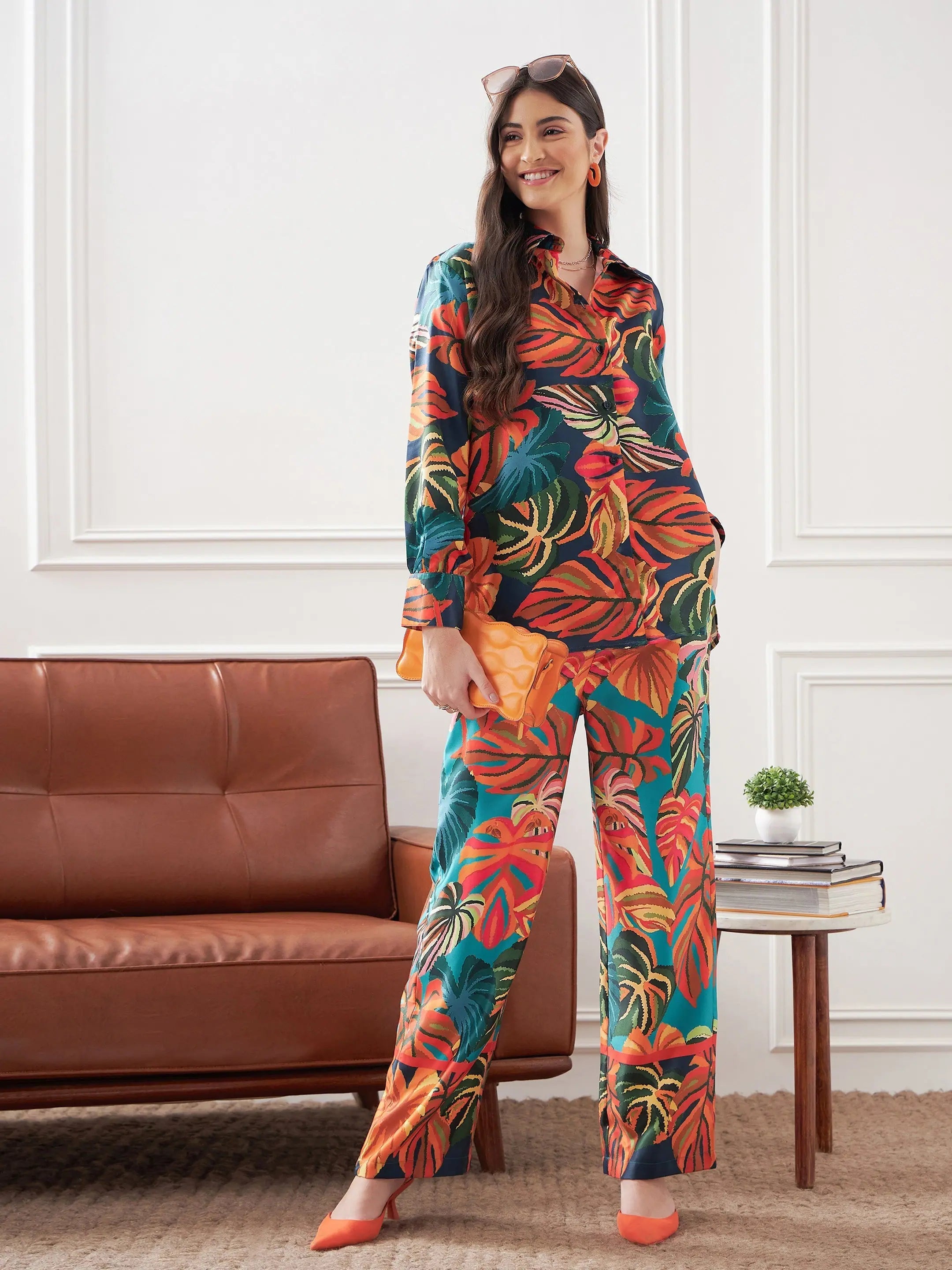 Women Orange Satin Tropical Longline Shirt With Lounge PantsFringed Shirts