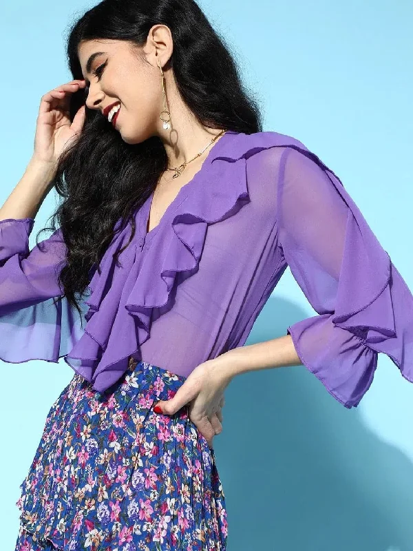 Purple Cascading Ruffle Solid BlousePainted Shirts