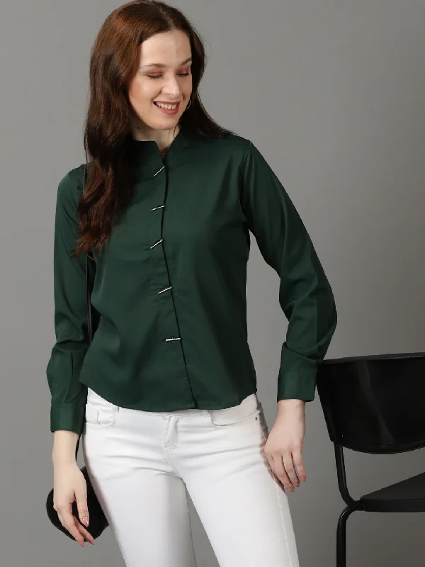 Women Mandarin Collar Solid Green Shirt Style Top-SP-10967-GreenRainproof Shirts