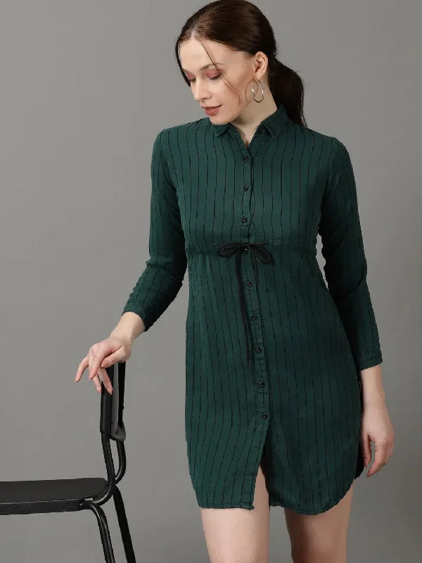 Women's Green Striped Shirt Style Longline Top-AE-4168-GreenSheer Shirts