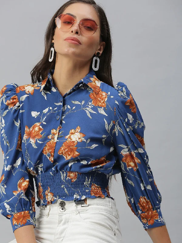 Women Shirt Collar Printed Blue Cinched Waist Top-AE-10156-BlueHigh-Fashion Shirts