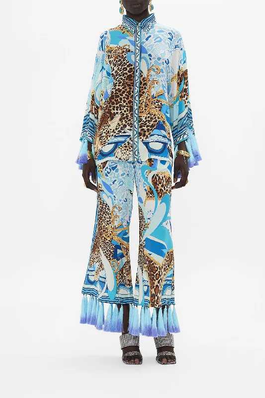 KIMONO SLEEVE BLOUSE WITH OMBRE TASSELS SKY CHEETAHFitted Shirts