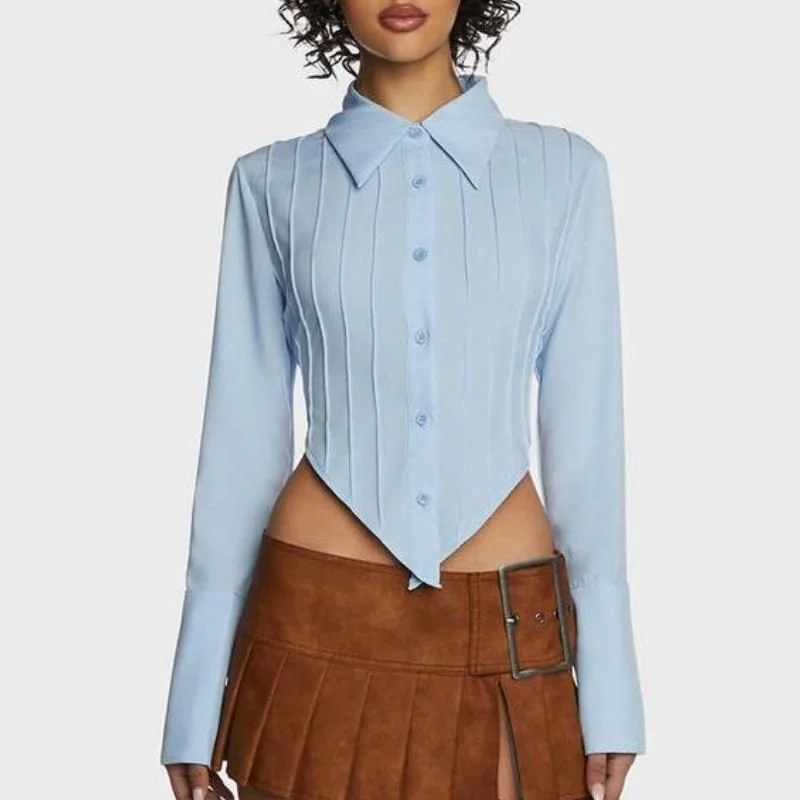 Chic Blue Lace-Up Back Blouse with V-Shaped HemMetallic Shirts