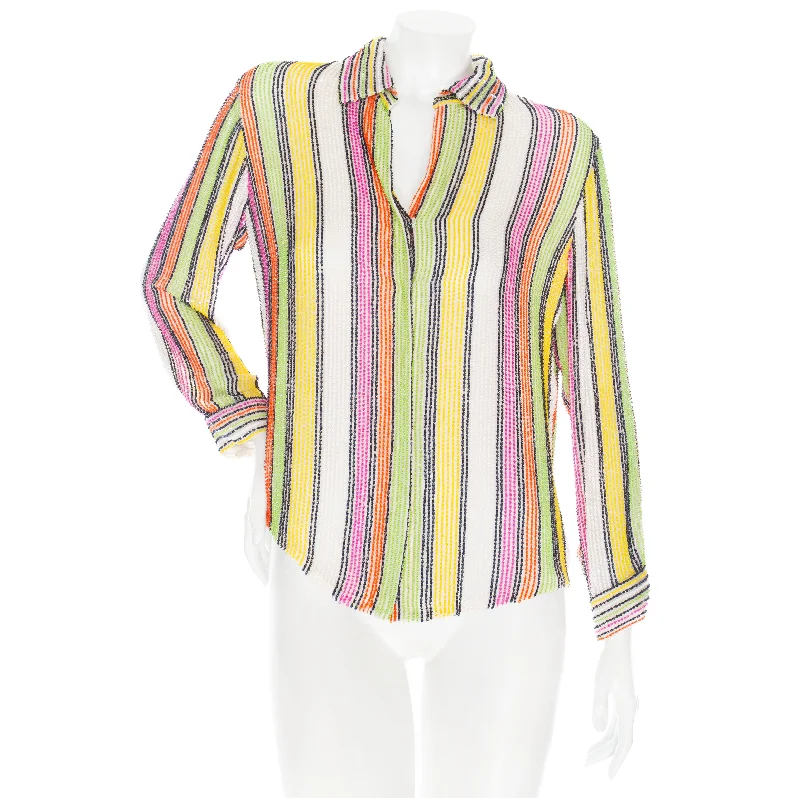 Vintage Multicolored Bead and Sequin Striped Collared BlouseFitted Shirts