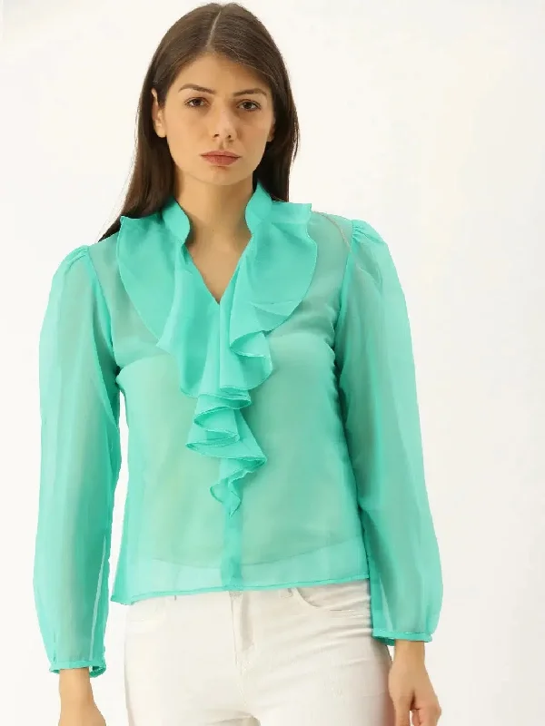 Frill neck Blouse in Mint BlueStudded Shirts