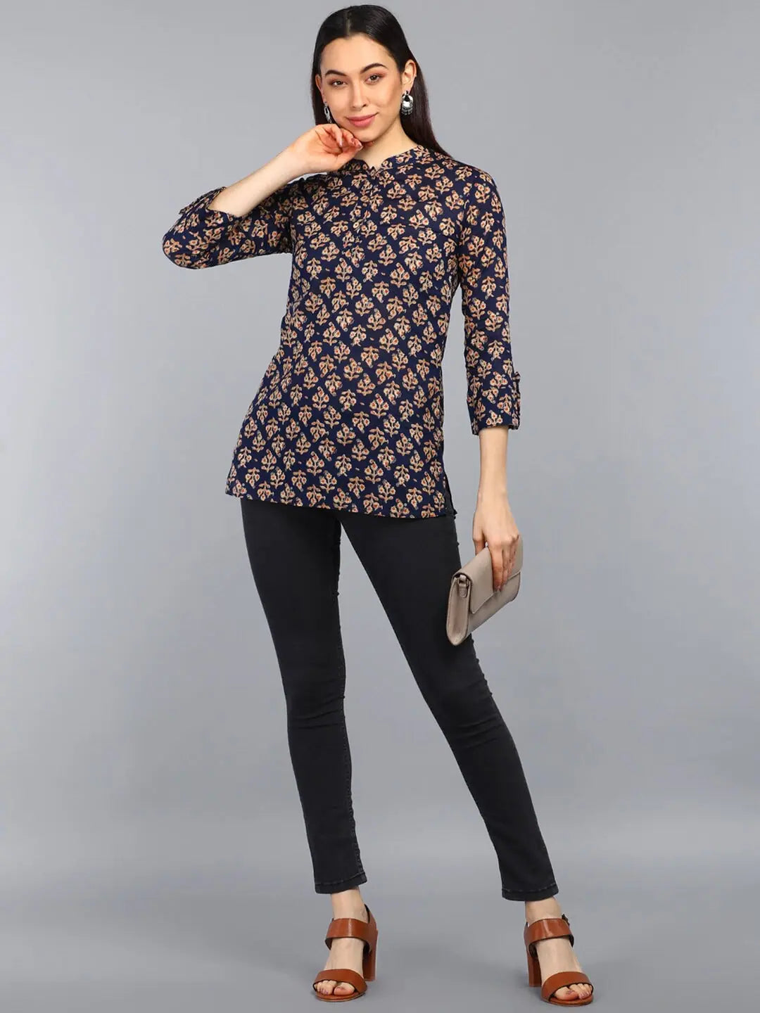 Ahika Navy Blue Floral Print Mandarin Collar Shirt Style Top 1College Shirts