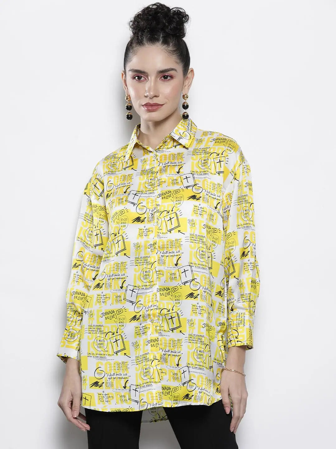 Women Yellow Newspaper Print Satin ShirtCollege Shirts