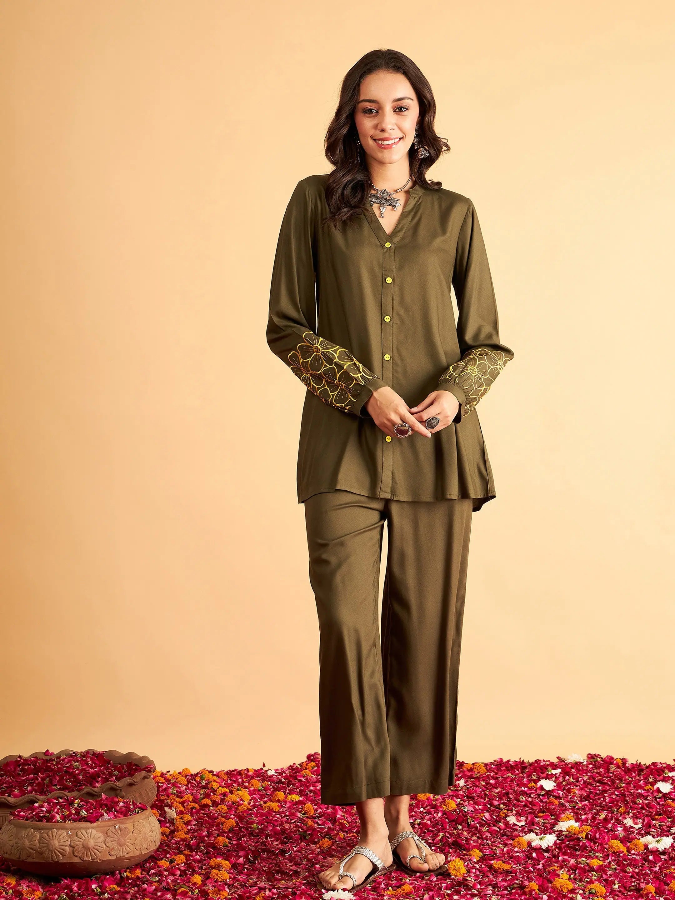 Women Olive Sleeves Embroidered Shirt With PantsLogo Shirts