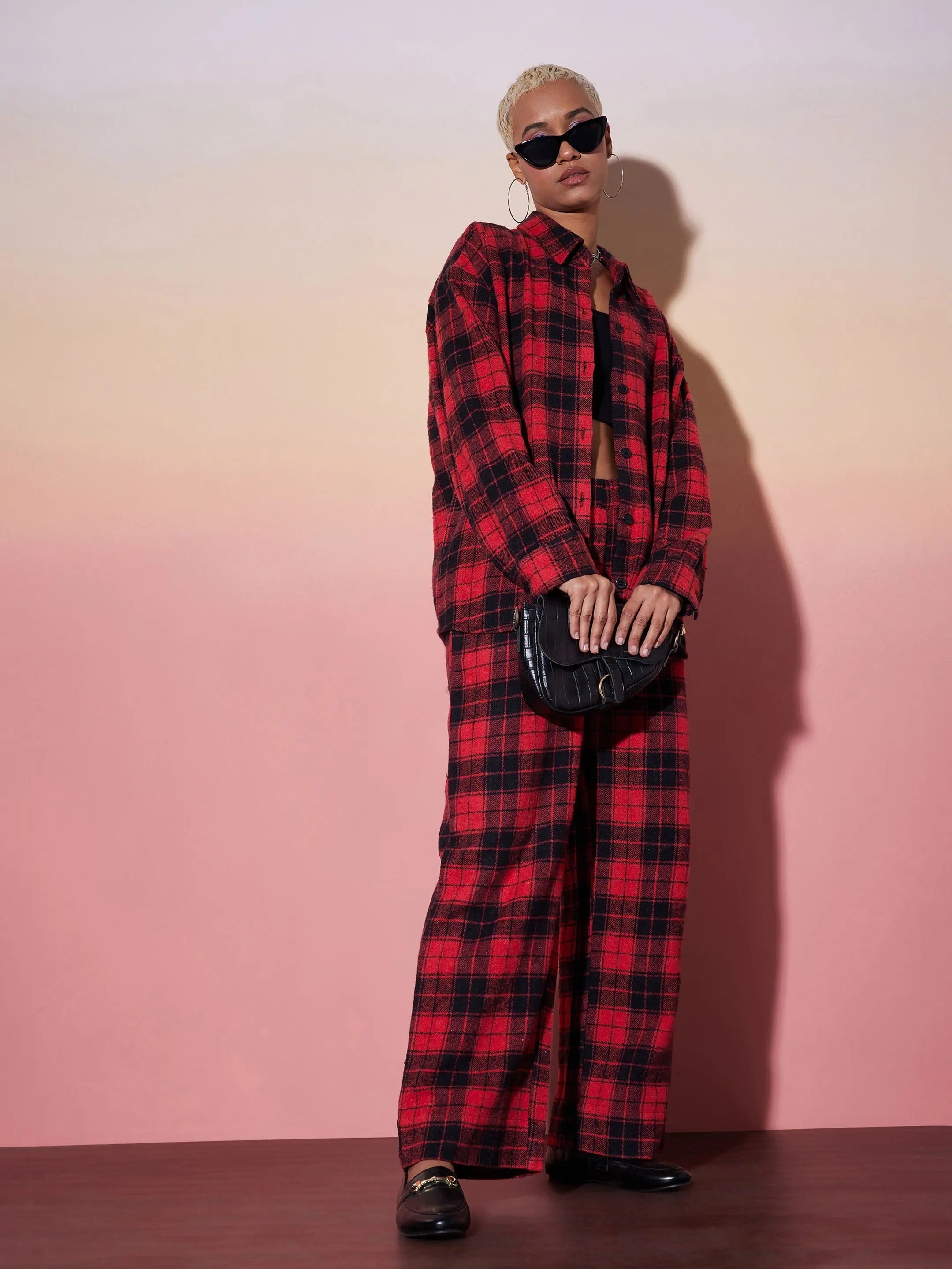 Women Red & Black Check Shirt With Lounge PantsRecycled Fabric Shirts