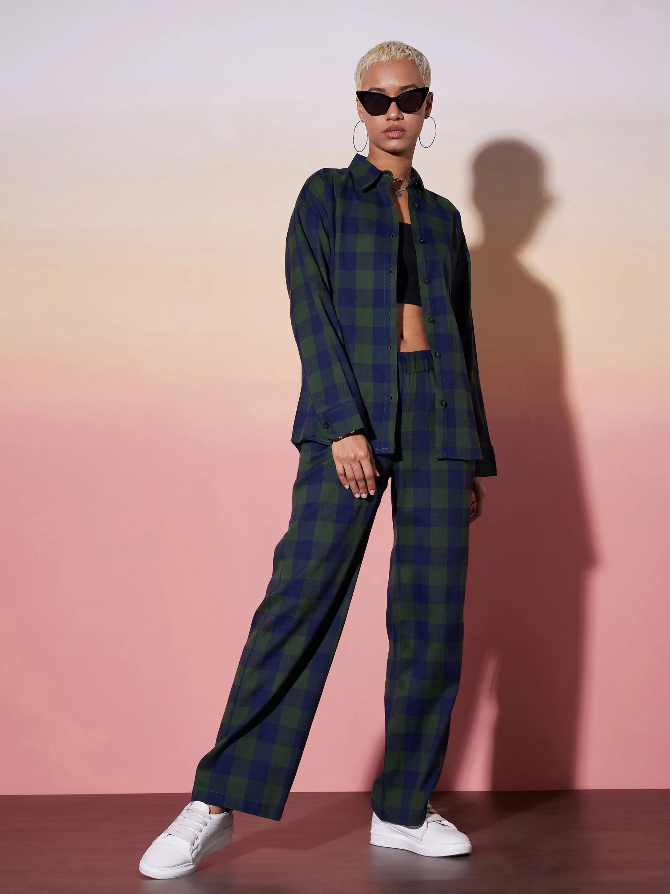 Women Green & Navy Check Shirt With Lounge PantsMetallic Shirts