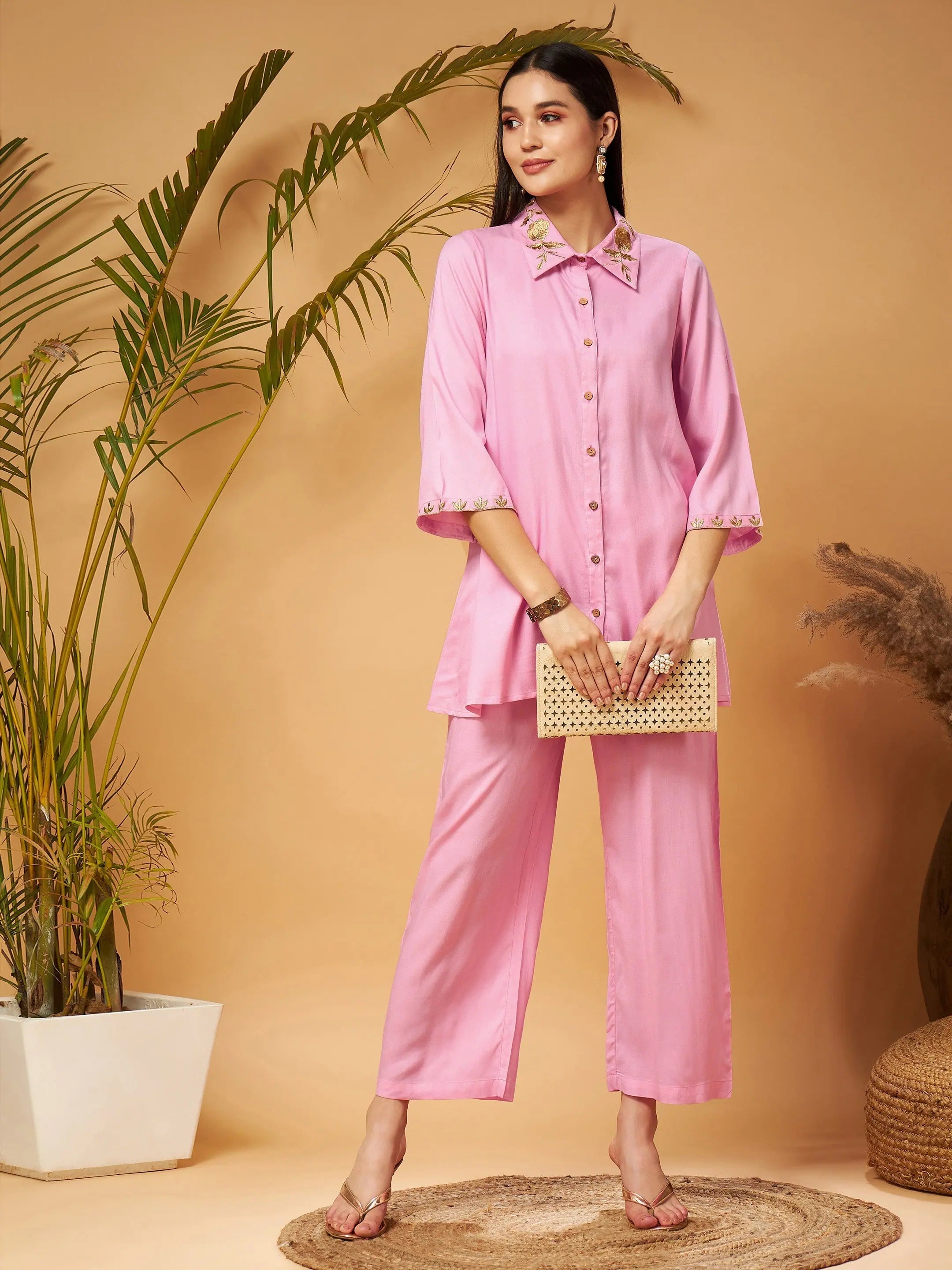 Women Pink Zari Embroidered Shirt Collar Top With PalazzosRelaxed Fit Shirts