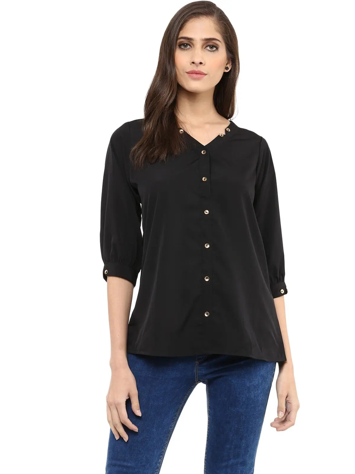 Pannkh Women's Black Shirt Top With Detailed Notch DesignsAsymmetrical Shirts