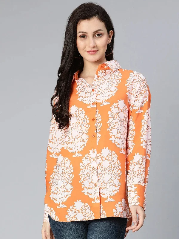 Dearing rust tropical printed women trendy shirtSheer Shirts