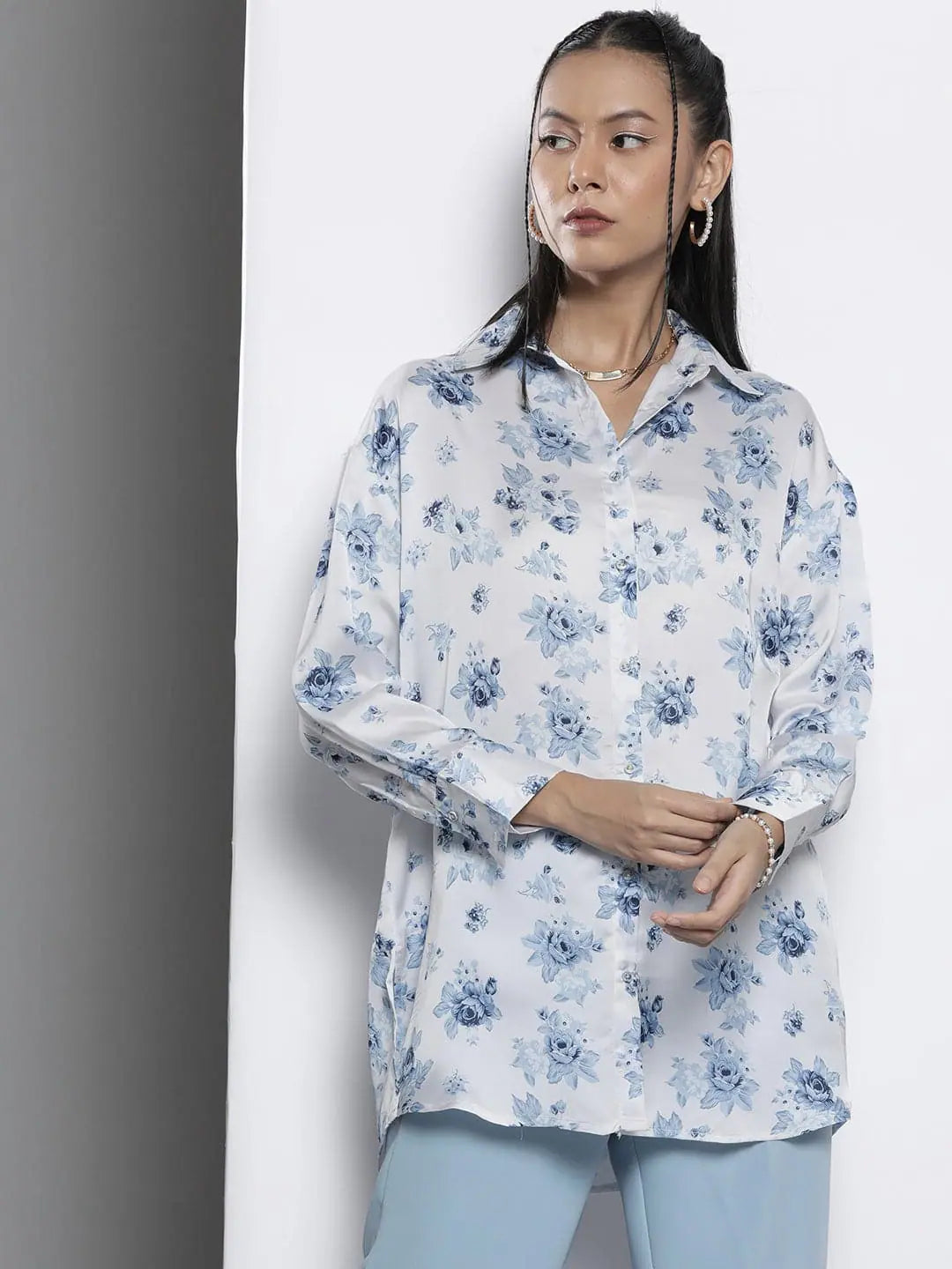 Women Blue Floral Satin ShirtPerformance Shirts