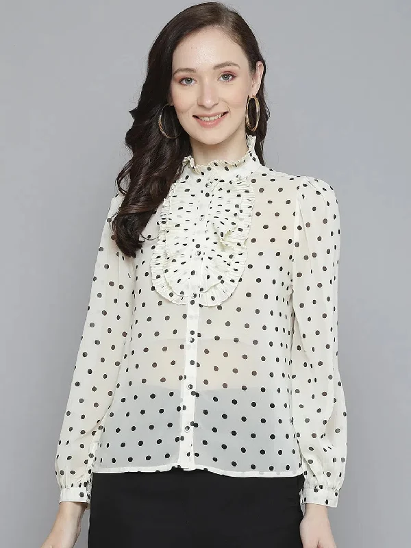 Women White With Black Polka Dot Pleated Collar ShirtDesigner Shirts