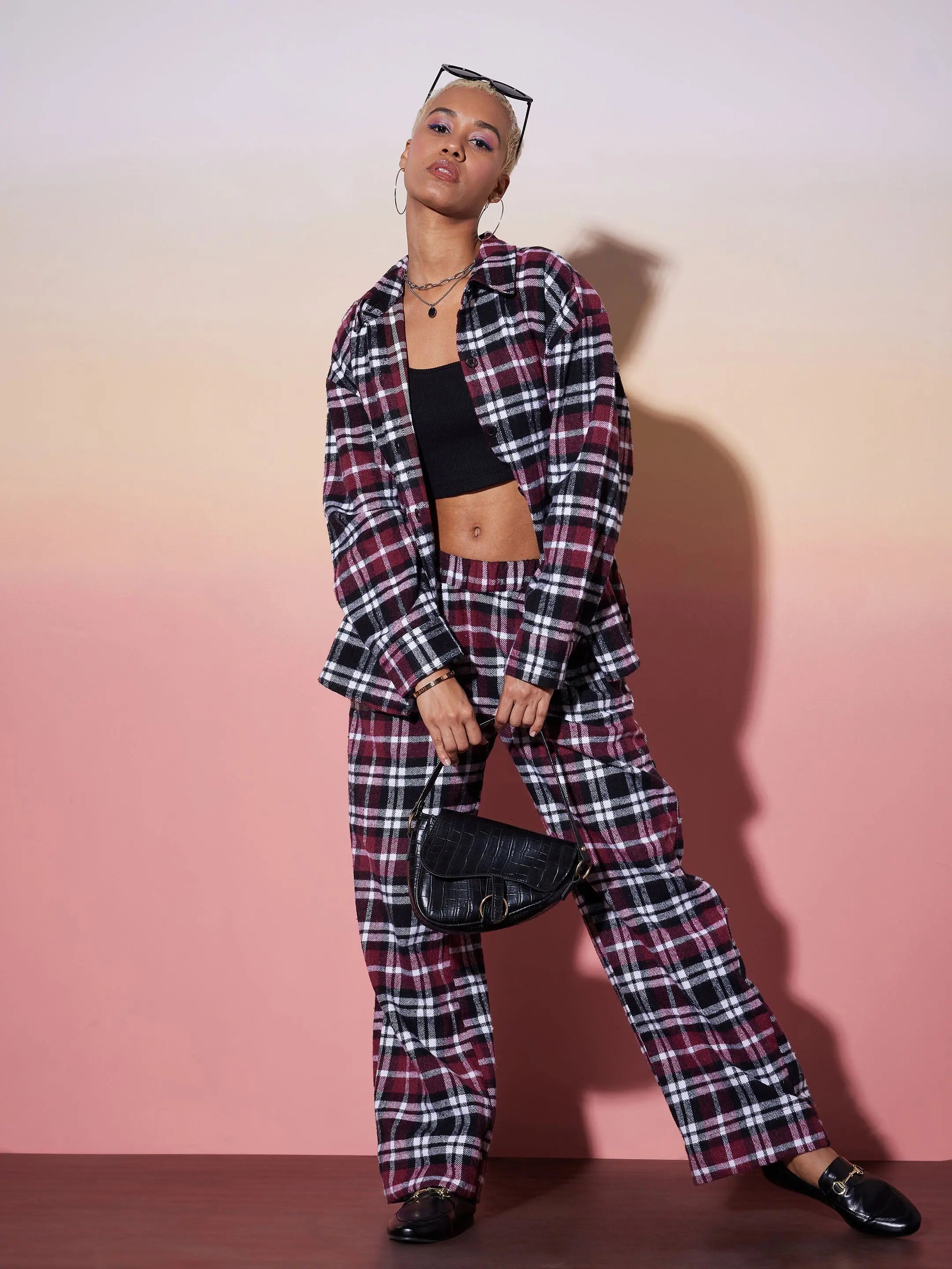 Women Maroon & White Check Shirt With Lounge PantsZippered Shirts