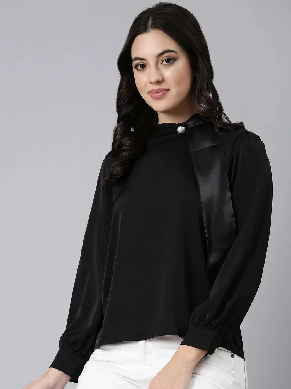 Women Solid Shirt Style Black Top-8031-BlackStudded Shirts