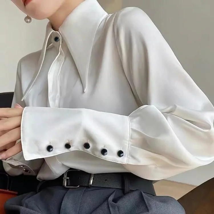 Minimalist Vintage Turn Down Collar Silk Shirt Satin BlouseHunting Shirts