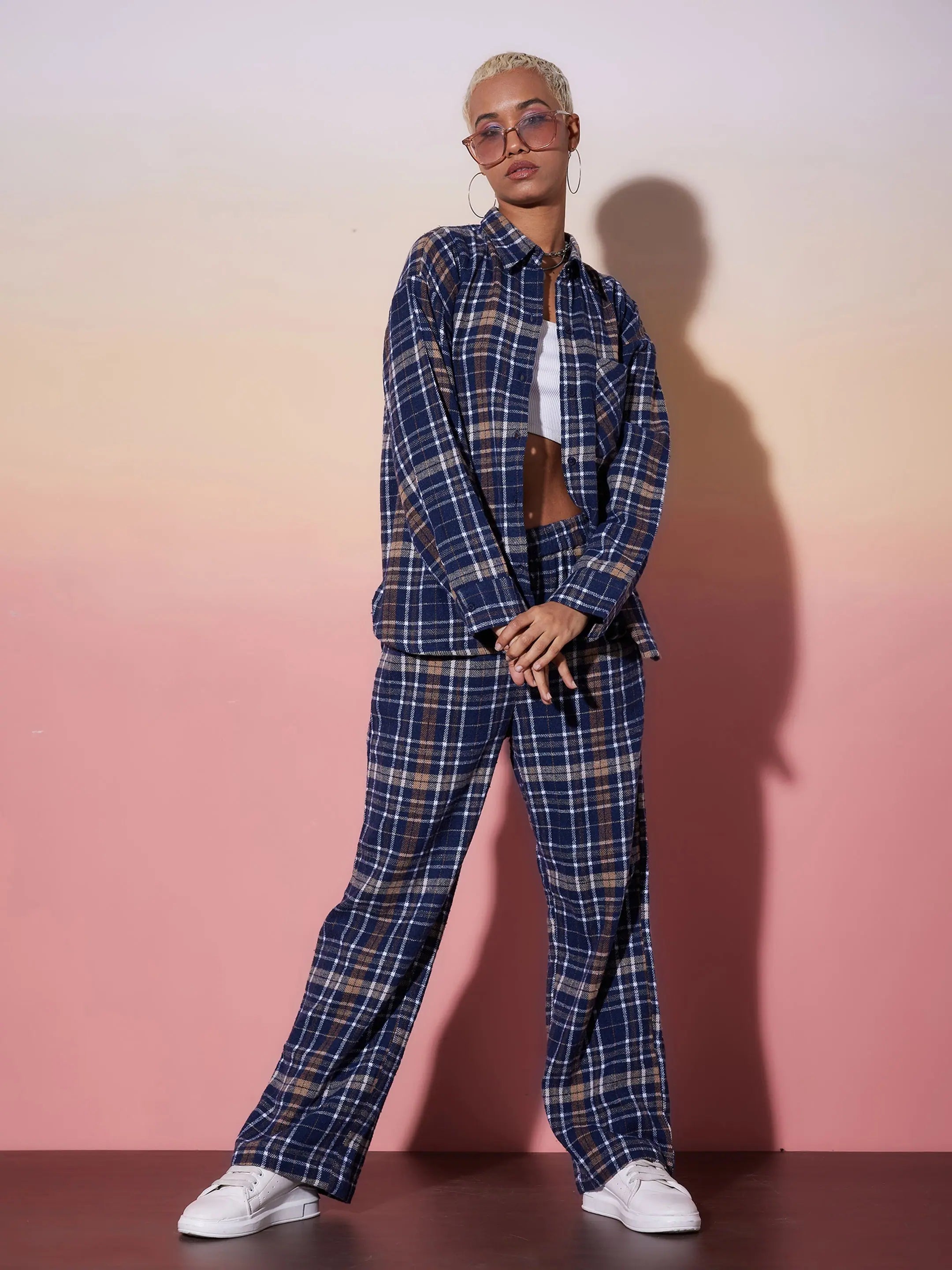 Women Navy & White Check Shirt With Lounge PantsTunic Shirts