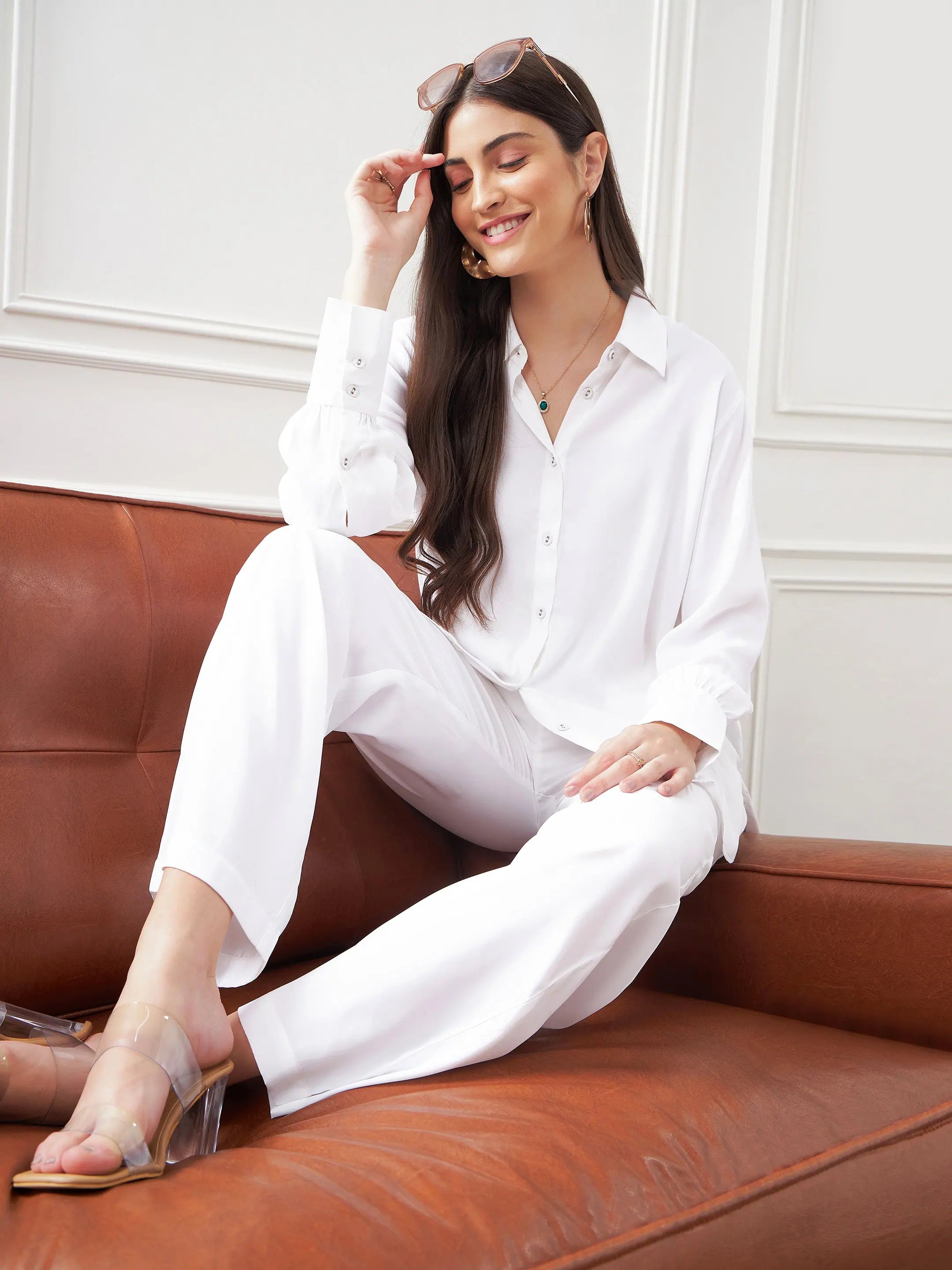 Women White Satin Shirt With Lounge PantsHemp Shirts