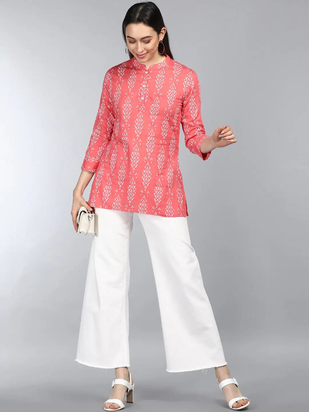 Ahika Coral Print Mandarin Collar Shirt Style Longline TopRetro Shirts