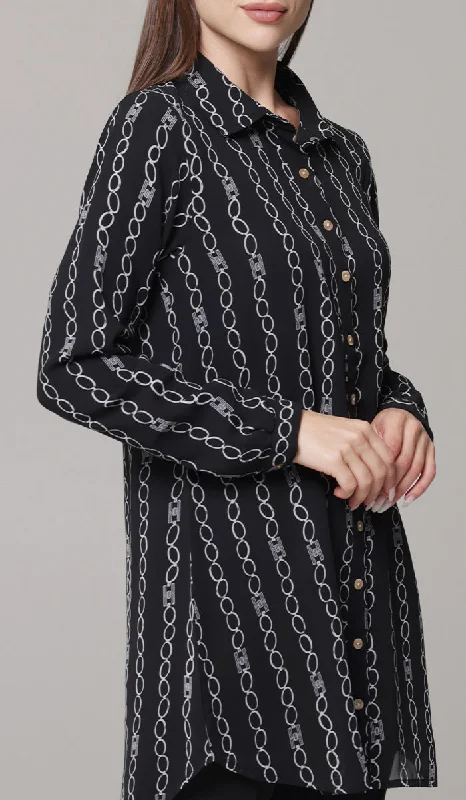 Marwa Chiffon Print Long Button down Shirt - Black/White - PREORDER (ships in 2 weeks)Cotton Shirts