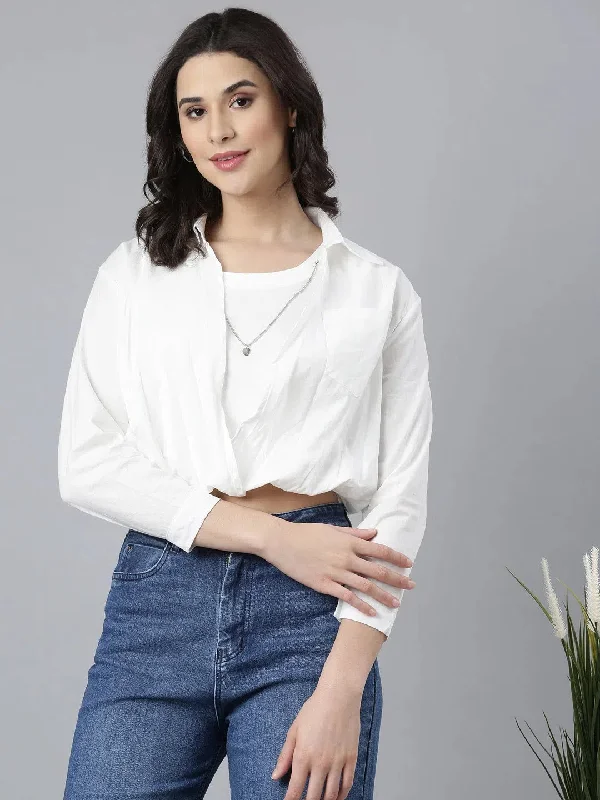 Women Solid Off White Shirt Style Top Comes with Attached Inner Top and Neck Chain-257-OffwhiteGlitter Shirts