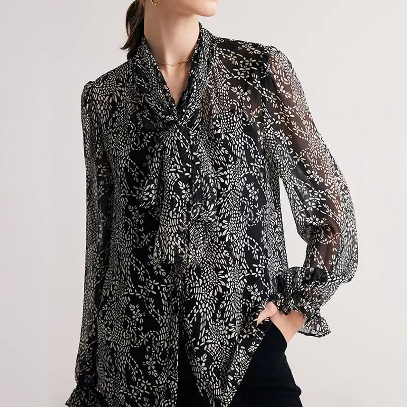 Elegant Black Printed Silk Blouse with Bow CollarLayered Shirts