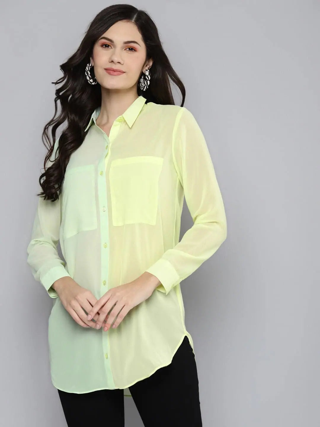 Women Sea Green Colour Block Longline ShirtFormal Shirts