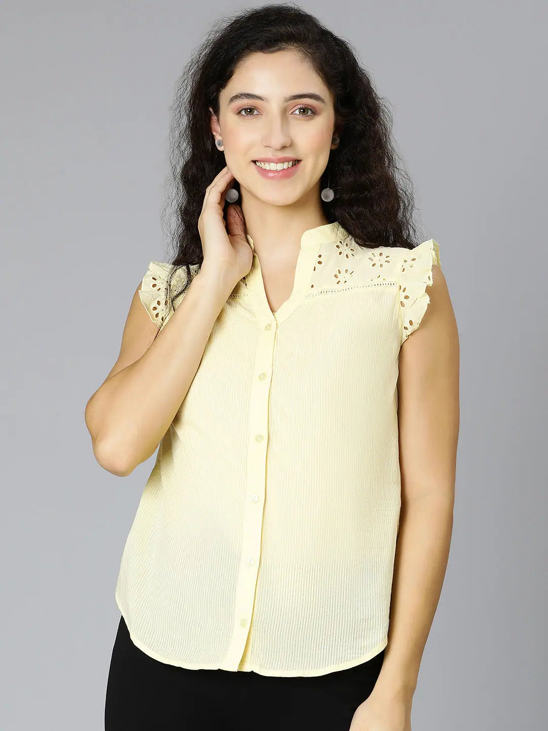 Casual Yellow Schiffli Ruffled Women Shirt TopHooded Shirts