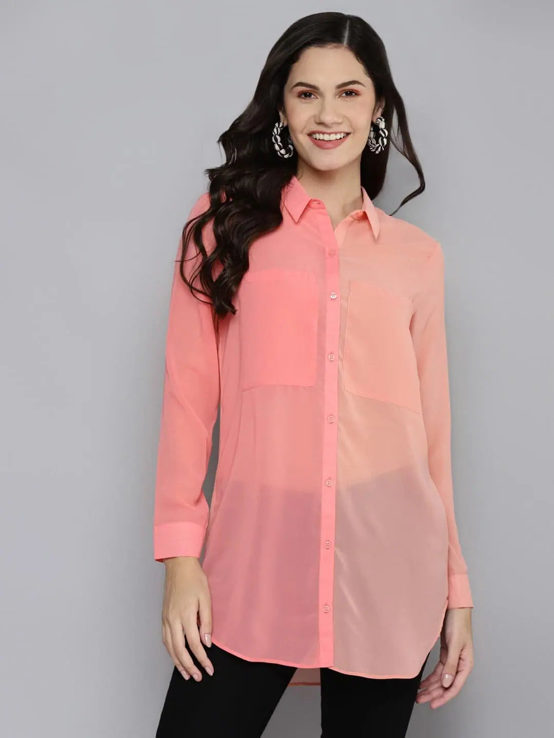 Women Powder Pink Colour Block Longline ShirtCompression Shirts