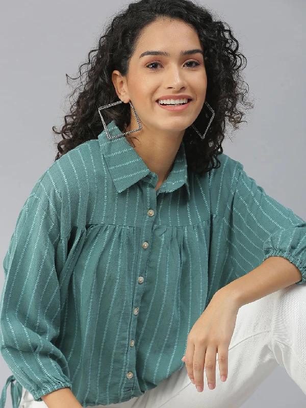 Women Shirt Collar Self Design Sea Green Cinched Waist Top-SPN-4123-SeagreenThermal Shirts