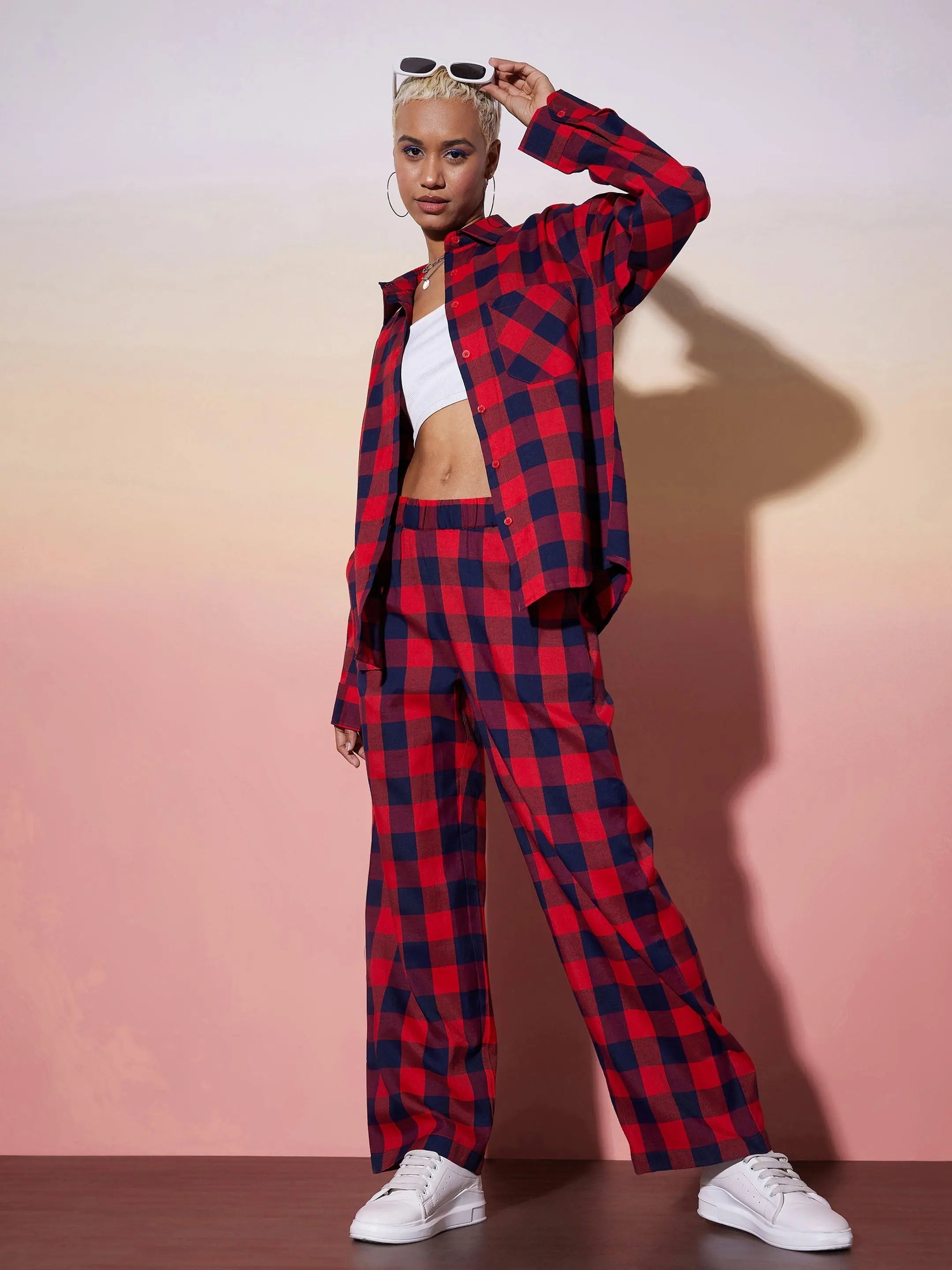 Women Red & Navy Check Shirt With Lounge PantsLayered Shirts