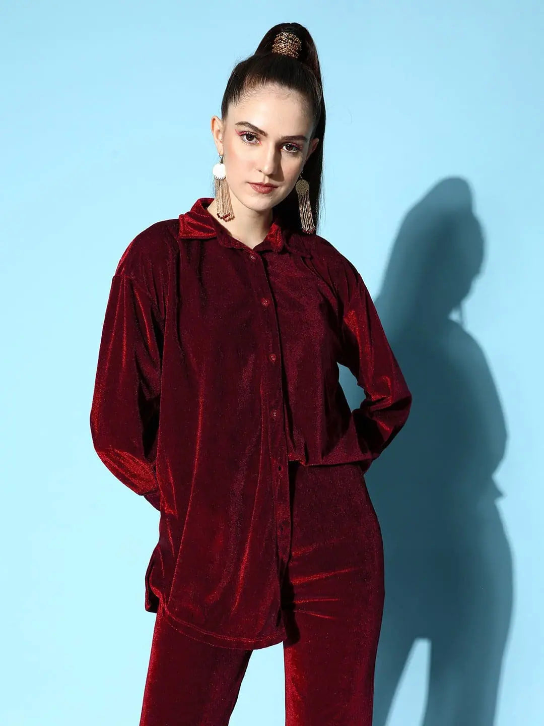 Women Burgundy Velvet ShirtThermal Shirts